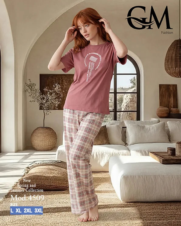 بيجامة حريمي قطن صيفي بنقشة كاروهات وظهر دانتيل | GM Fashion كود 4509