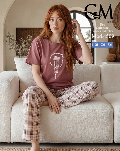 بيجامة حريمي قطن صيفي بنقشة كاروهات وظهر دانتيل | GM Fashion كود 4509