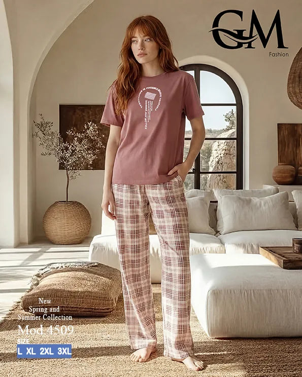 بيجامة حريمي قطن صيفي بنقشة كاروهات وظهر دانتيل | GM Fashion كود 4509