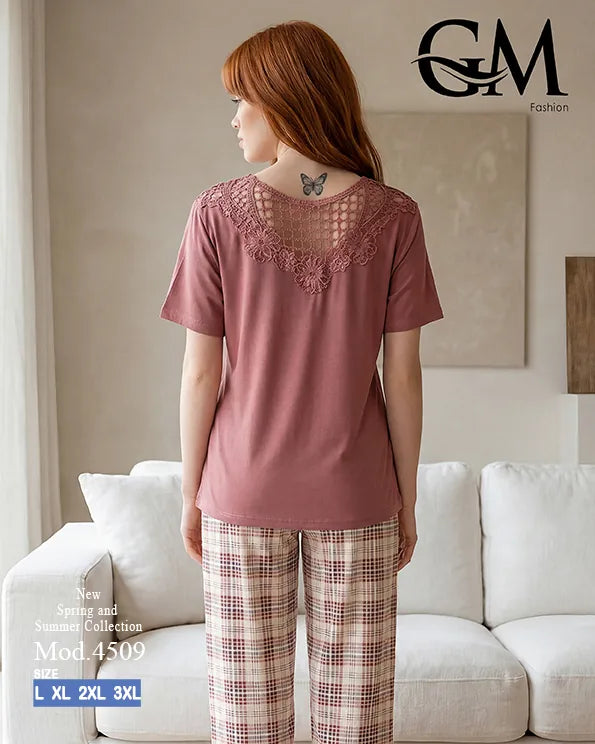 بيجامة حريمي قطن صيفي بنقشة كاروهات وظهر دانتيل | GM Fashion كود 4509