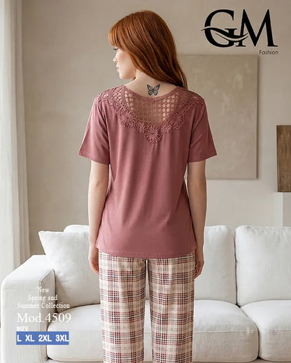 بيجامة حريمي قطن صيفي بنقشة كاروهات وظهر دانتيل | GM Fashion كود 4509