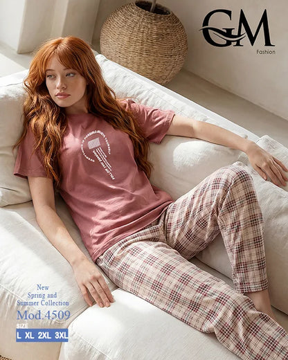 بيجامة حريمي قطن صيفي بنقشة كاروهات وظهر دانتيل | GM Fashion كود 4509