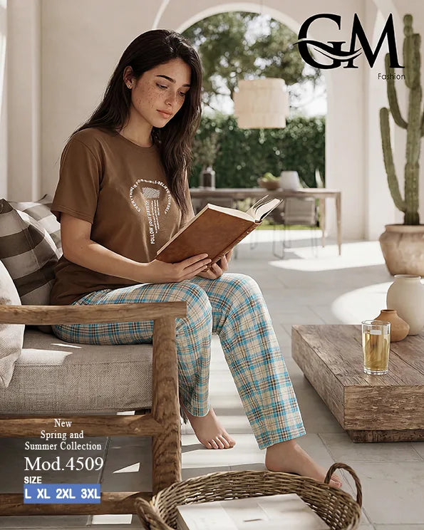 بيجامة حريمي قطن صيفي بنقشة كاروهات وظهر دانتيل | GM Fashion كود 4509