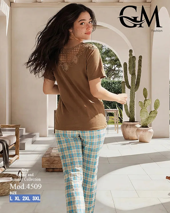 بيجامة حريمي قطن صيفي بنقشة كاروهات وظهر دانتيل | GM Fashion كود 4509