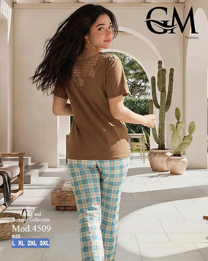 بيجامة حريمي قطن صيفي بنقشة كاروهات وظهر دانتيل | GM Fashion كود 4509