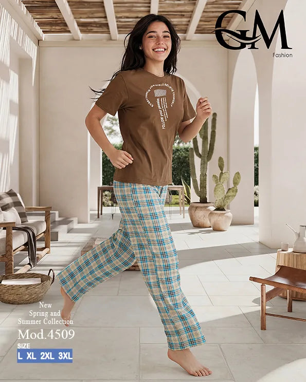 بيجامة حريمي قطن صيفي بنقشة كاروهات وظهر دانتيل | GM Fashion كود 4509