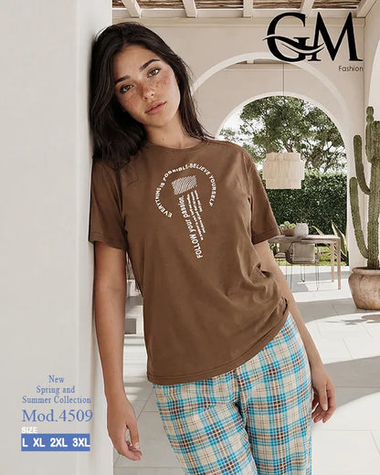 بيجامة حريمي قطن صيفي بنقشة كاروهات وظهر دانتيل | GM Fashion كود 4509