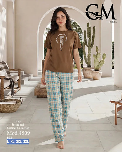 بيجامة حريمي قطن صيفي بنقشة كاروهات وظهر دانتيل | GM Fashion كود 4509
