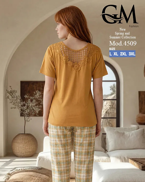 بيجامة حريمي قطن صيفي بنقشة كاروهات وظهر دانتيل | GM Fashion كود 4509