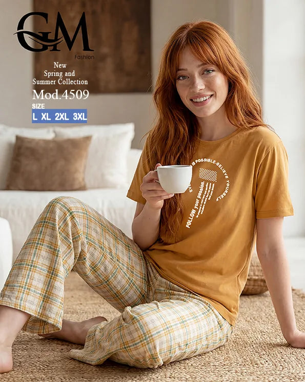 بيجامة حريمي قطن صيفي بنقشة كاروهات وظهر دانتيل | GM Fashion كود 4509