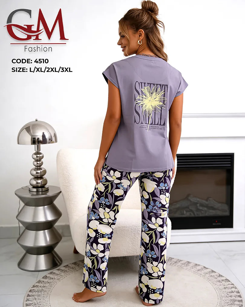 بيجامة حريمي صيفي بنطلون مطبوع – GM Fashion موديل 4510