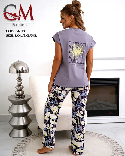 بيجامة حريمي صيفي بنطلون مطبوع – GM Fashion موديل 4510