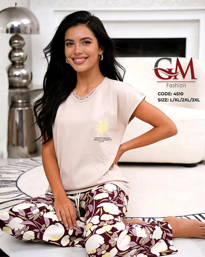 بيجامة حريمي صيفي بنطلون مطبوع – GM Fashion موديل 4510