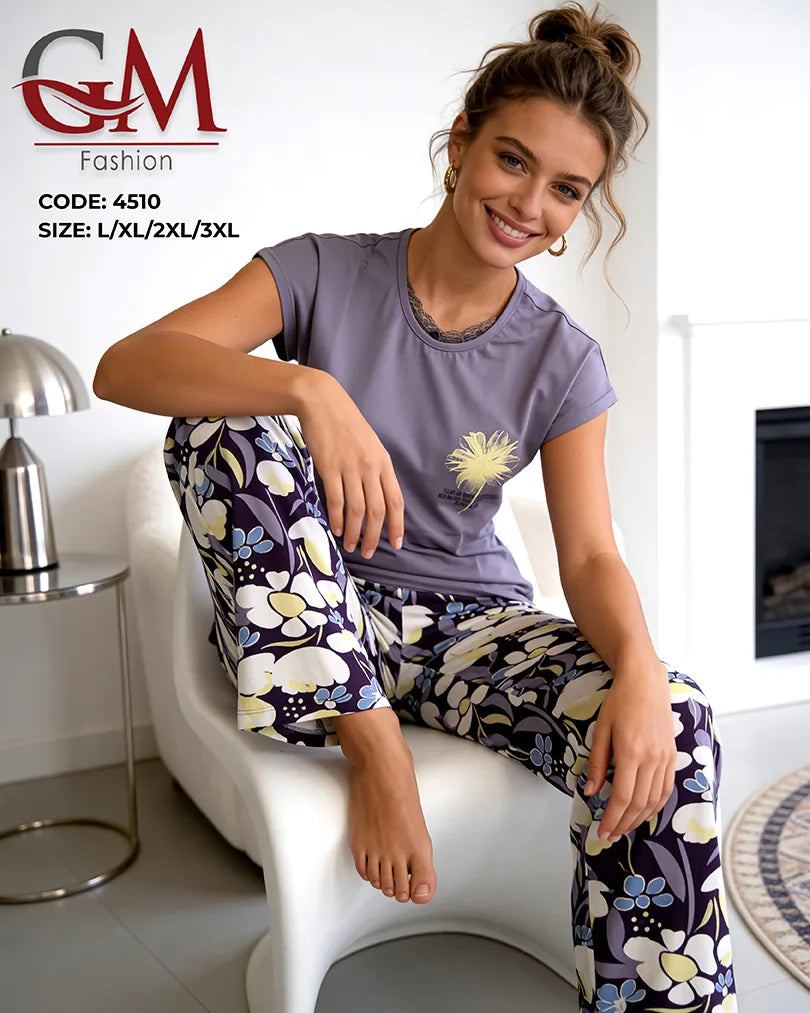 بيجامة حريمي صيفي بنطلون مطبوع – GM Fashion موديل 4510