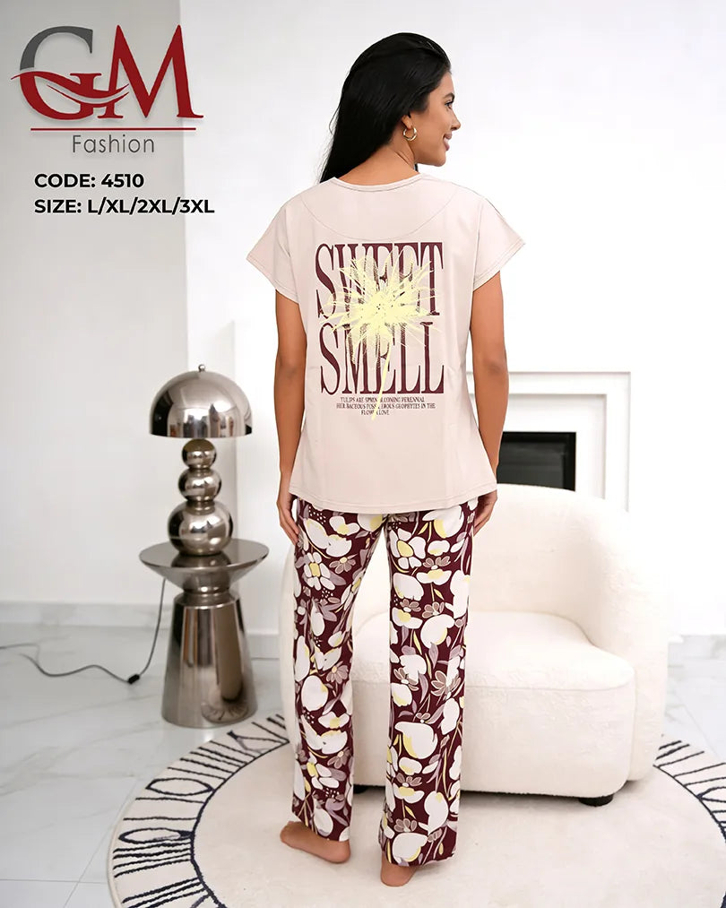 بيجامة حريمي صيفي بنطلون مطبوع – GM Fashion موديل 4510