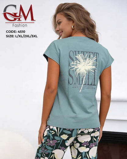 بيجامة حريمي صيفي بنطلون مطبوع – GM Fashion موديل 4510