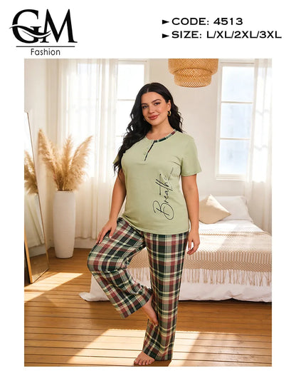 بيجامة حريمي قطن صيفي بطباعة جانبية وبنطلون كاروهات | GM Fashion كود 4513
