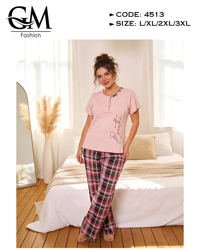 بيجامة حريمي قطن صيفي بطباعة جانبية وبنطلون كاروهات | GM Fashion كود 4513