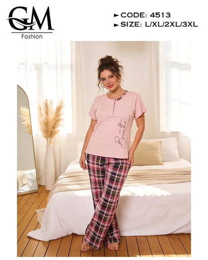 بيجامة حريمي قطن صيفي بطباعة جانبية وبنطلون كاروهات | GM Fashion كود 4513