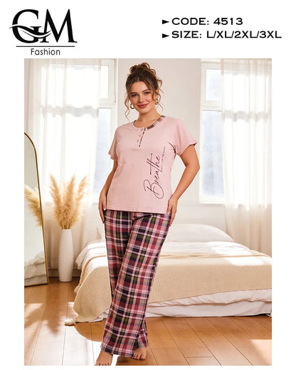 بيجامة حريمي قطن صيفي بطباعة جانبية وبنطلون كاروهات | GM Fashion كود 4513