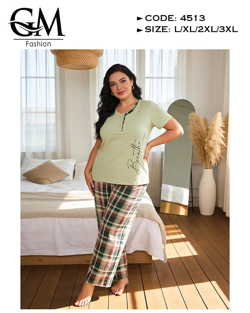 بيجامة حريمي قطن صيفي بطباعة جانبية وبنطلون كاروهات | GM Fashion كود 4513