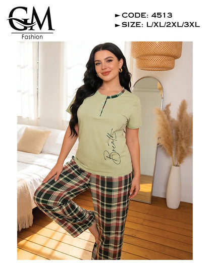 بيجامة حريمي قطن صيفي بطباعة جانبية وبنطلون كاروهات | GM Fashion كود 4513