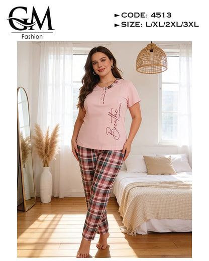 بيجامة حريمي قطن صيفي بطباعة جانبية وبنطلون كاروهات | GM Fashion كود 4513