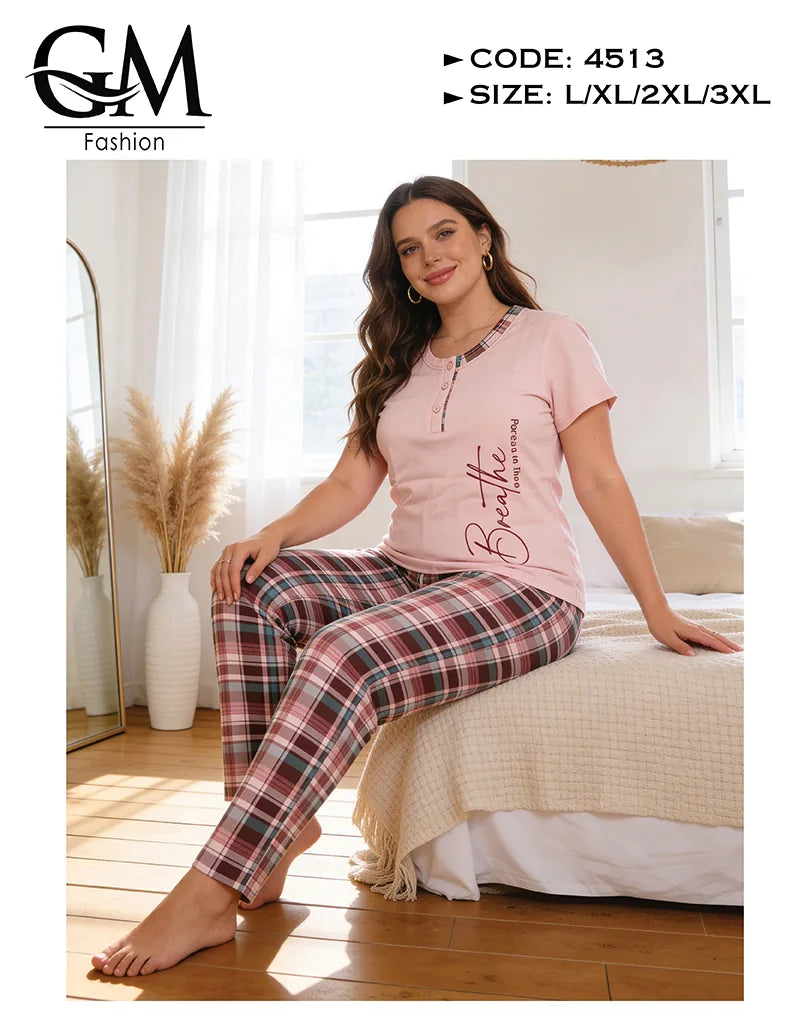 بيجامة حريمي قطن صيفي بطباعة جانبية وبنطلون كاروهات | GM Fashion كود 4513