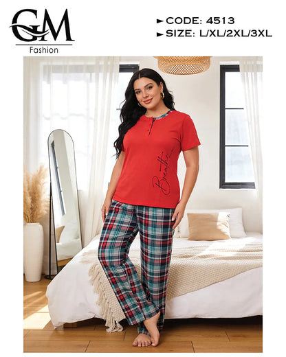 بيجامة حريمي قطن صيفي بطباعة جانبية وبنطلون كاروهات | GM Fashion كود 4513