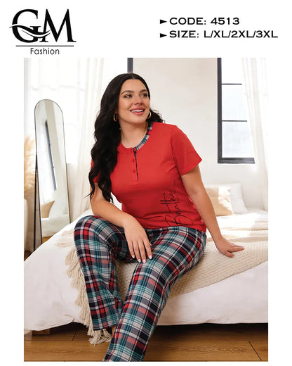 بيجامة حريمي قطن صيفي بطباعة جانبية وبنطلون كاروهات | GM Fashion كود 4513