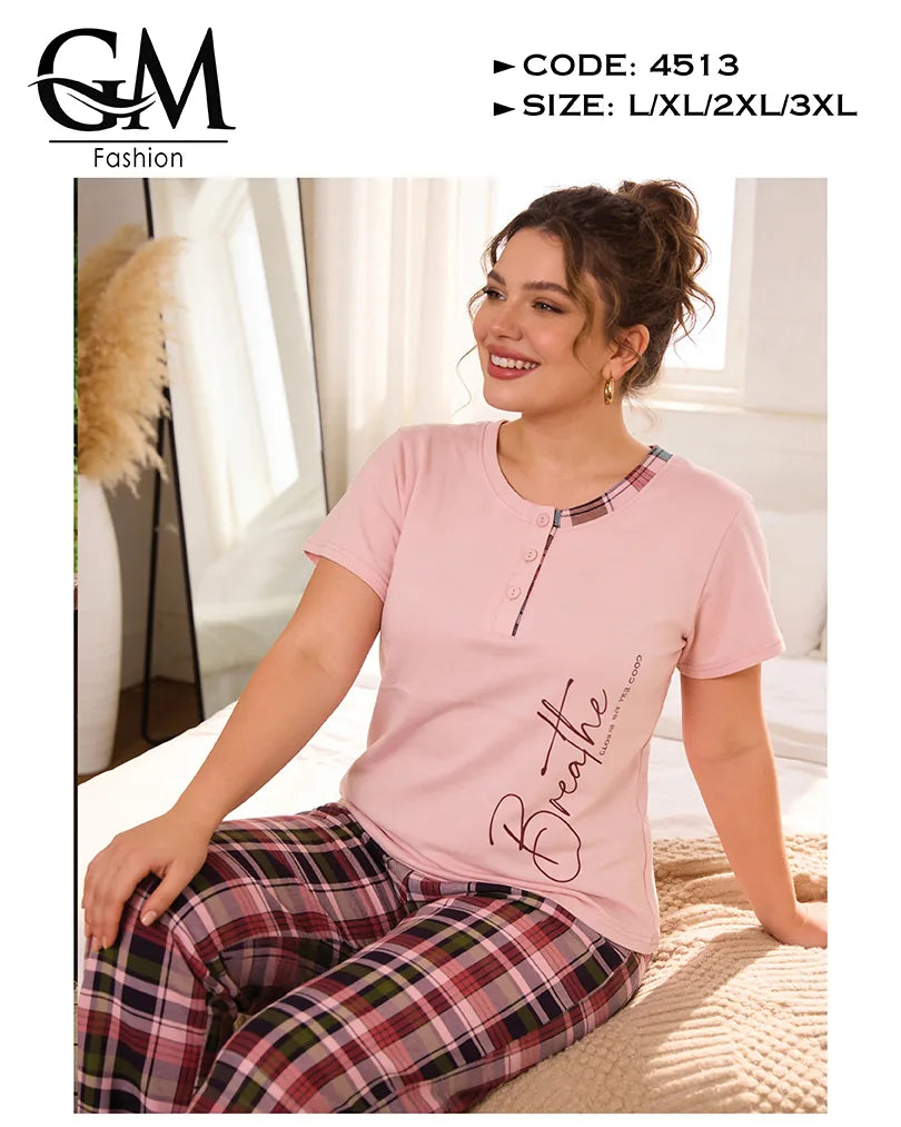 بيجامة حريمي قطن صيفي بطباعة جانبية وبنطلون كاروهات | GM Fashion كود 4513
