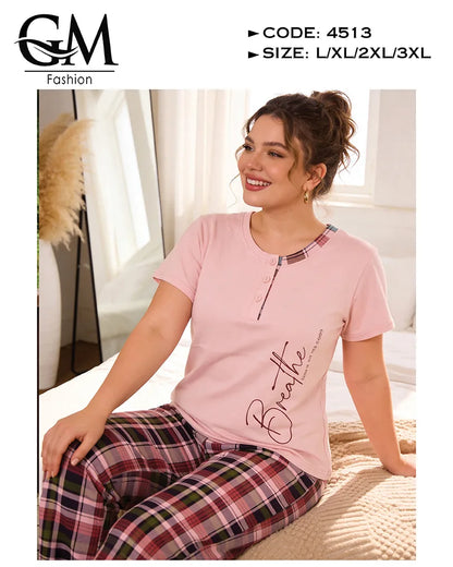 بيجامة حريمي قطن صيفي بطباعة جانبية وبنطلون كاروهات | GM Fashion كود 4513