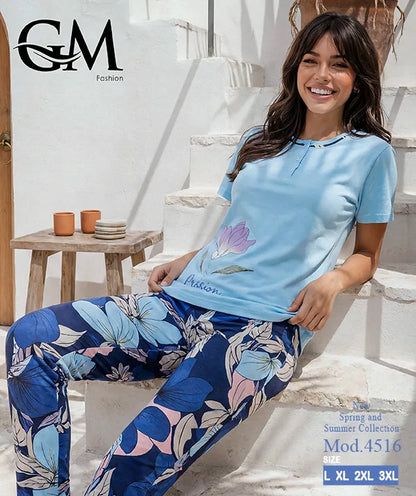 بيجامة حريمي صيفي بنطلون مشجر – GM Fashion موديل 4516