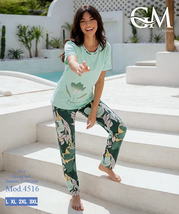 بيجامة حريمي صيفي بنطلون مشجر – GM Fashion موديل 4516