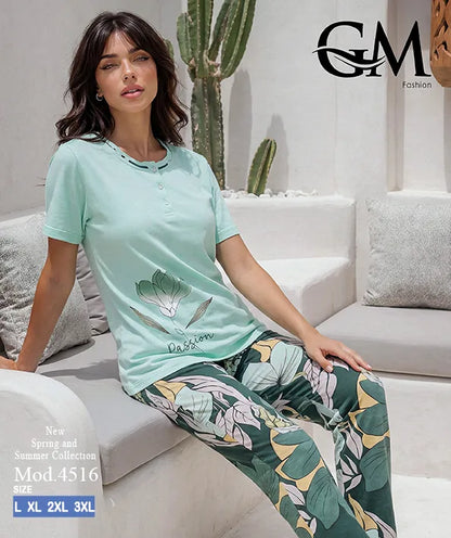 بيجامة حريمي صيفي بنطلون مشجر – GM Fashion موديل 4516