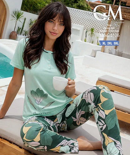 بيجامة حريمي صيفي بنطلون مشجر – GM Fashion موديل 4516