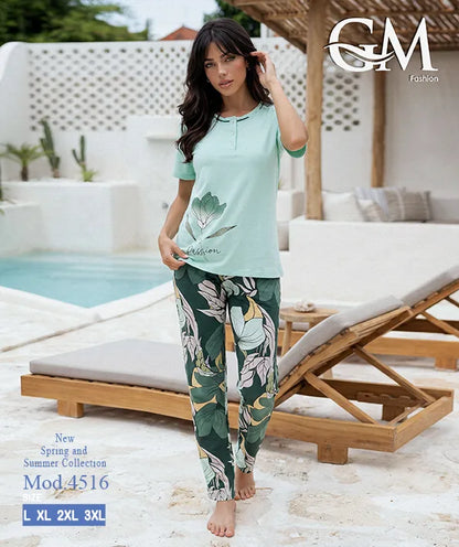 بيجامة حريمي صيفي بنطلون مشجر – GM Fashion موديل 4516