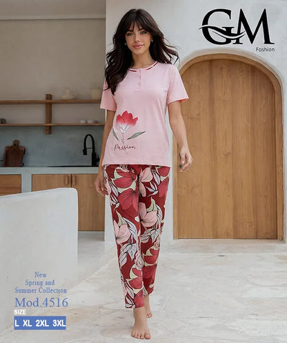 بيجامة حريمي صيفي بنطلون مشجر – GM Fashion موديل 4516