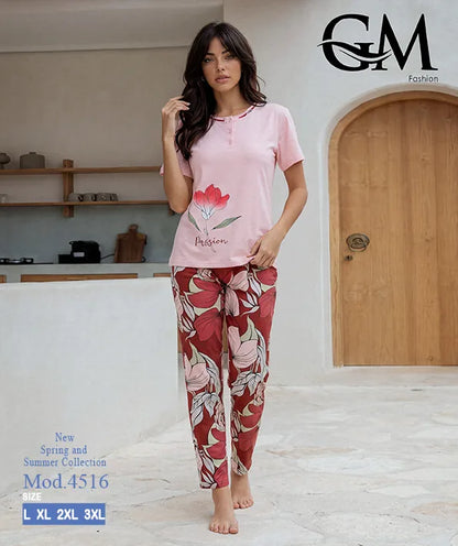 بيجامة حريمي صيفي بنطلون مشجر – GM Fashion موديل 4516