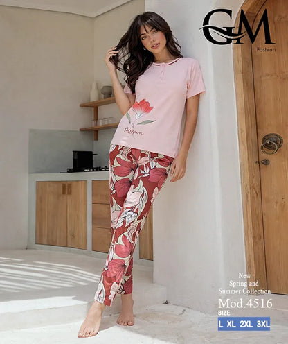 بيجامة حريمي صيفي بنطلون مشجر – GM Fashion موديل 4516