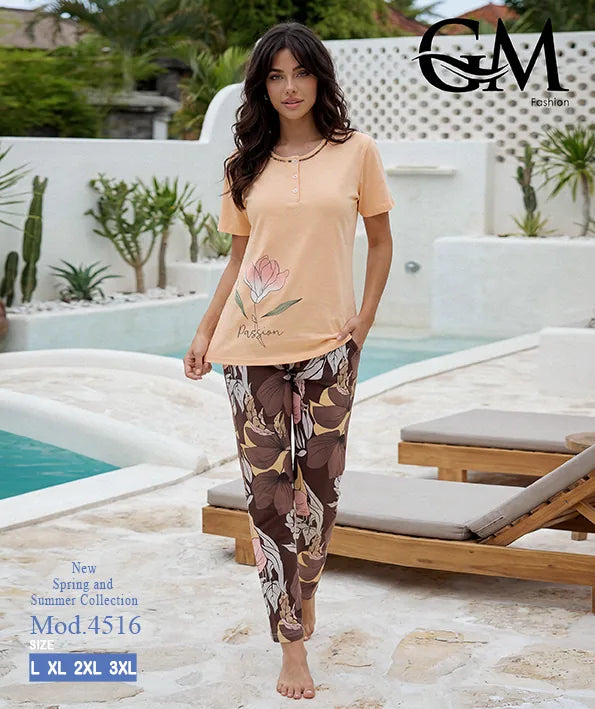 بيجامة حريمي صيفي بنطلون مشجر – GM Fashion موديل 4516