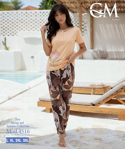 بيجامة حريمي صيفي بنطلون مشجر – GM Fashion موديل 4516