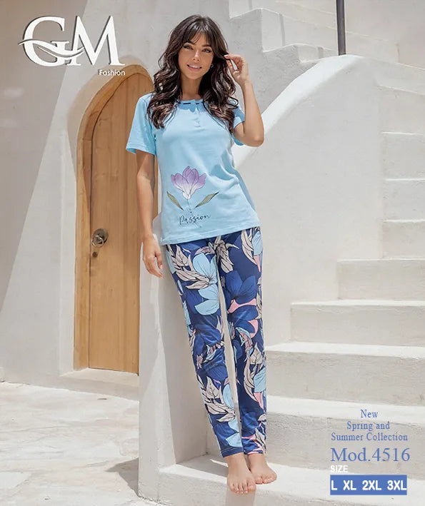 بيجامة حريمي صيفي بنطلون مشجر – GM Fashion موديل 4516