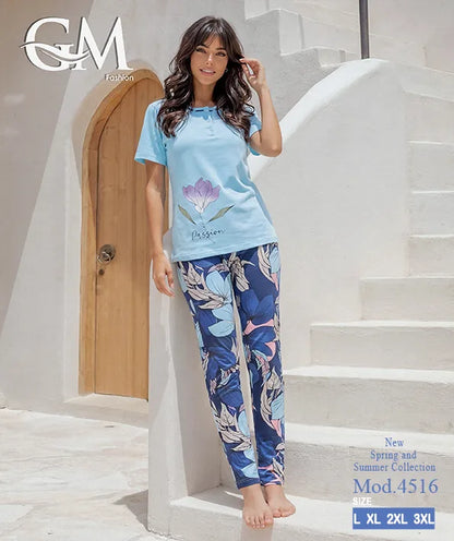 بيجامة حريمي صيفي بنطلون مشجر – GM Fashion موديل 4516