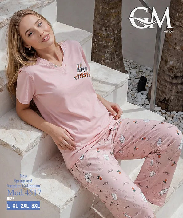 بيجامة حريمي صيفي بنطلون مطبوع – GM Fashion موديل 4517