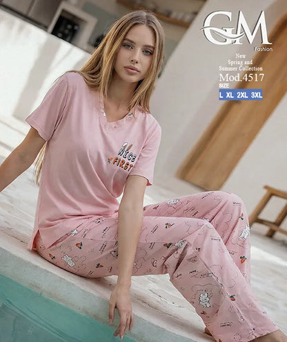 بيجامة حريمي صيفي بنطلون مطبوع – GM Fashion موديل 4517
