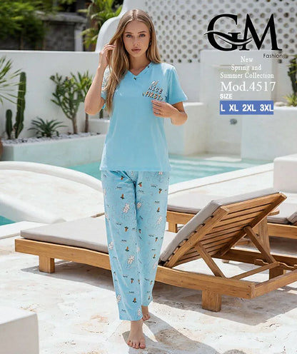 بيجامة حريمي صيفي بنطلون مطبوع – GM Fashion موديل 4517
