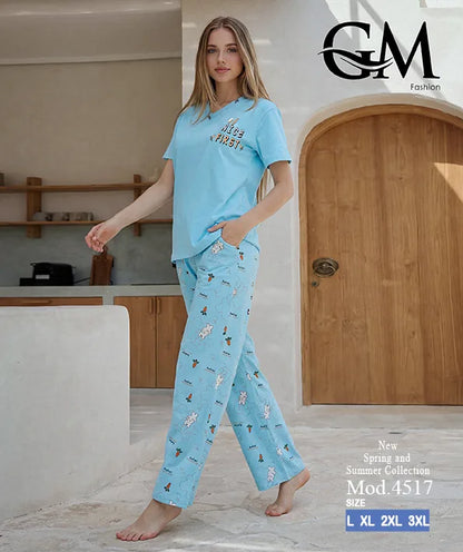بيجامة حريمي صيفي بنطلون مطبوع – GM Fashion موديل 4517
