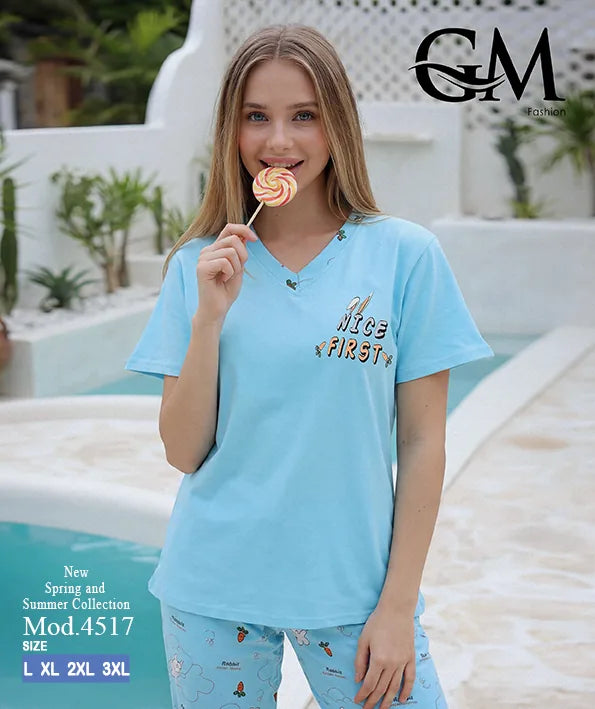 بيجامة حريمي صيفي بنطلون مطبوع – GM Fashion موديل 4517