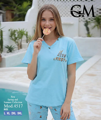 بيجامة حريمي صيفي بنطلون مطبوع – GM Fashion موديل 4517